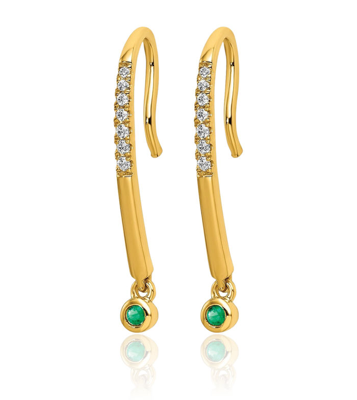 14K Solid Yellow Gold Diamond Green Emerald Wire Drop Dangle Earrings Gemstone Threader