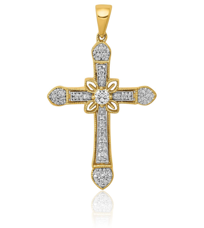 14K Solid Yellow Gold Diamond Antique Filigree Holy Cross Necklace Religious Chain Pendant Jesus Christ Charm