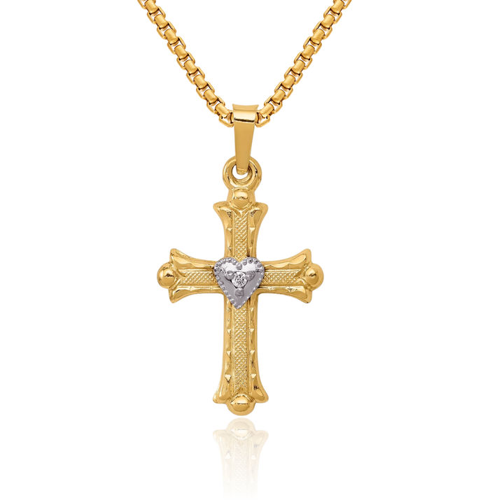 14K Solid Yellow Gold Diamond French Fleur De Lis Lily Flower Holy Cross Necklace Religious Chain Pendant Jesus Christ Charm