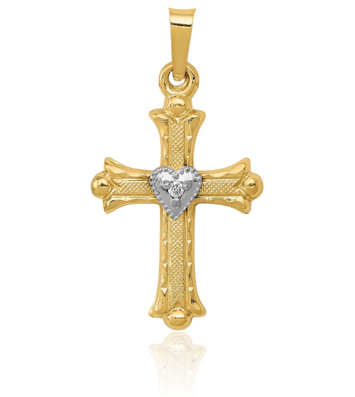 14K Solid Yellow Gold Diamond French Fleur De Lis Lily Flower Holy Cross Necklace Religious Chain Pendant Jesus Christ Charm