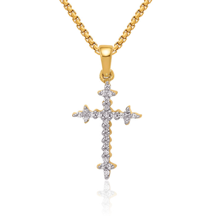 14K Solid Yellow Gold Diamond French Fleur De Lis Lily Flower Holy Cross Necklace Religious Chain Pendant Jesus Christ Charm