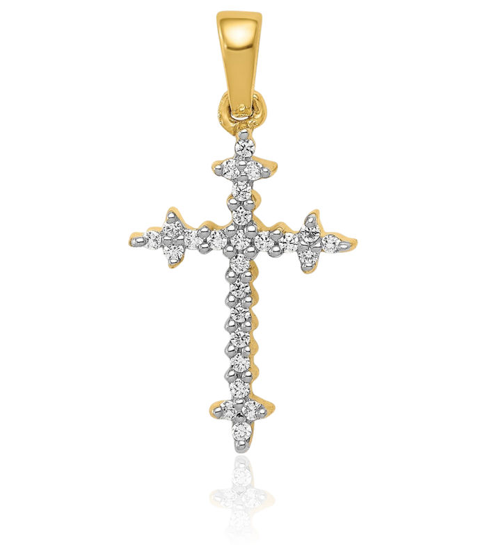 14K Solid Yellow Gold Diamond French Fleur De Lis Lily Flower Holy Cross Necklace Religious Chain Pendant Jesus Christ Charm