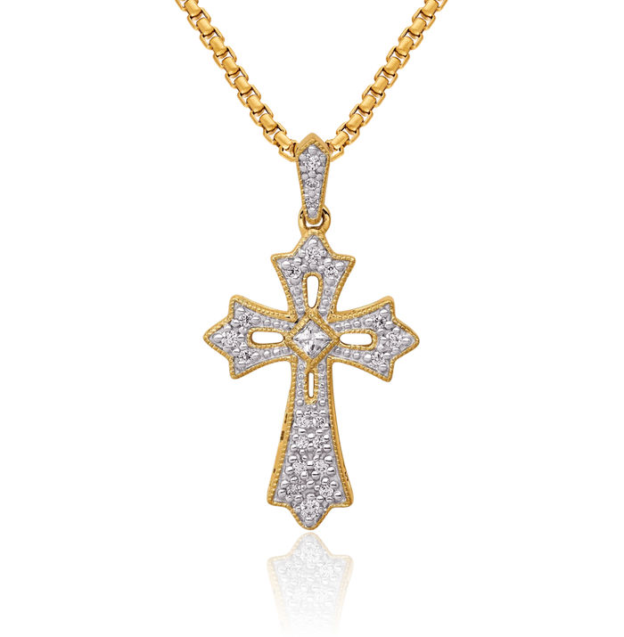 14K Solid Yellow Gold Diamond French Fleur De Lis Lily Flower Holy Cross Necklace Religious Chain Pendant Jesus Christ Charm