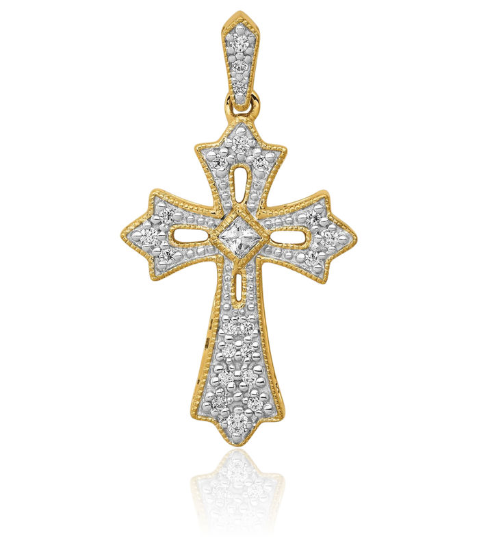 14K Solid Yellow Gold Diamond French Fleur De Lis Lily Flower Holy Cross Necklace Religious Chain Pendant Jesus Christ Charm