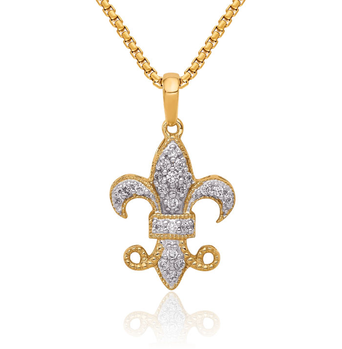 14K Solid Yellow Gold Diamond French Fleur De Lis Lily Flower Necklace Religious Chain Pendant Saint Charm