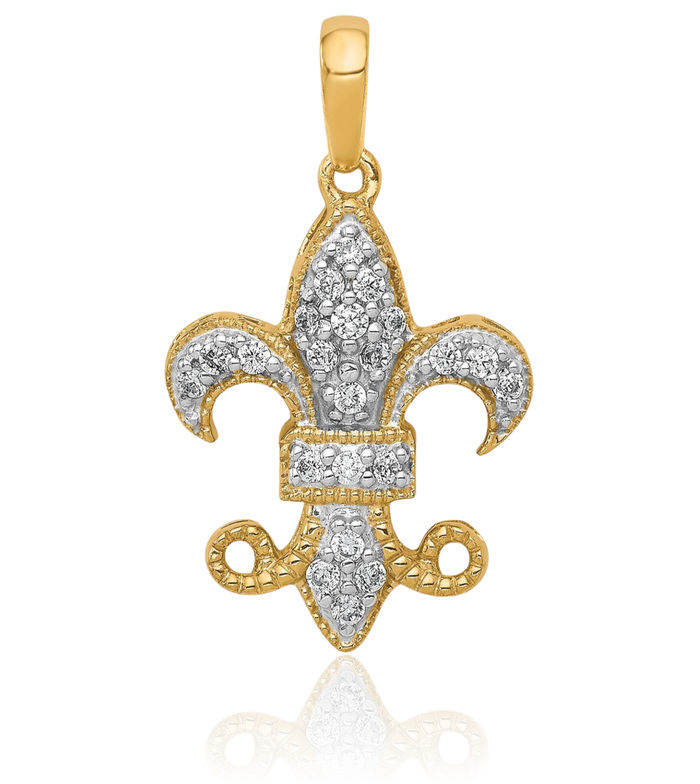 14K Solid Yellow Gold Diamond French Fleur De Lis Lily Flower Necklace Religious Chain Pendant Saint Charm