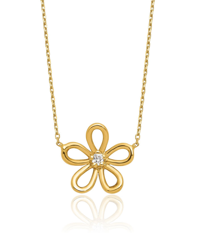 14K Solid Yellow Gold Diamond Flower Necklace Chain