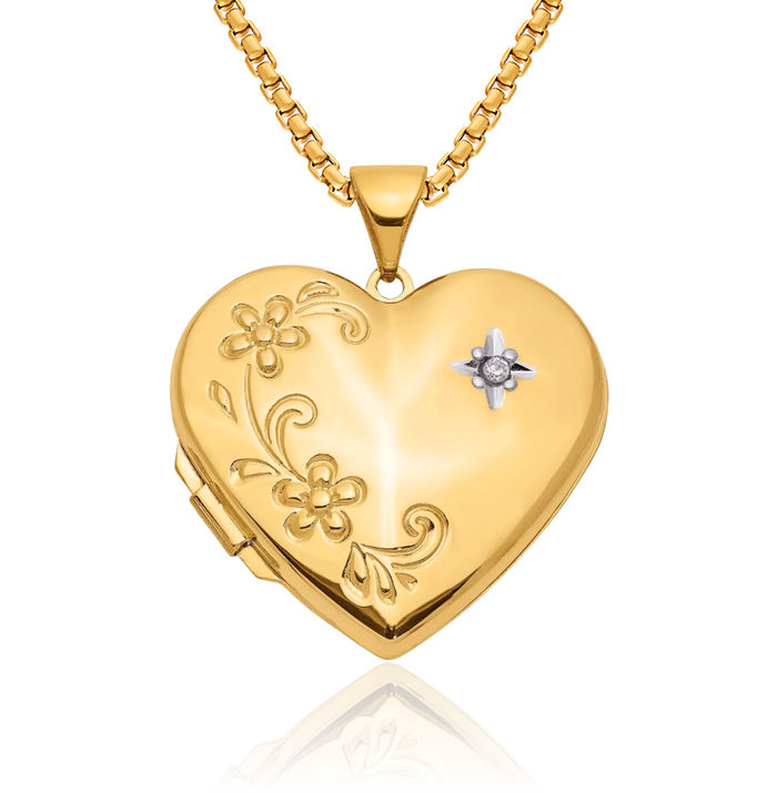 14K Solid Yellow Gold Diamond Flower Family Heart Personalized Photo Locket Necklace Picture Pendant Charm