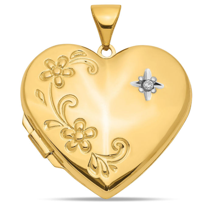 14K Solid Yellow Gold Diamond Flower Family Heart Personalized Photo Locket Necklace Picture Pendant Charm