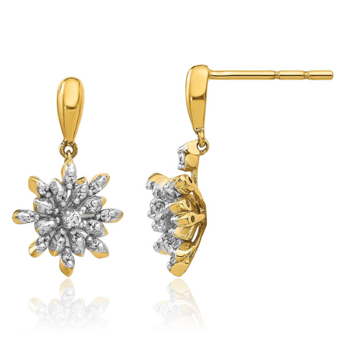 14K Solid Yellow Gold Diamond Flower Post Drop Dangle Earrings