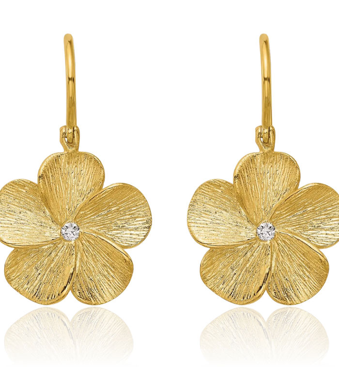 14K Solid Yellow Gold Diamond Flower Shephard Hook Drop Dangle Earrings