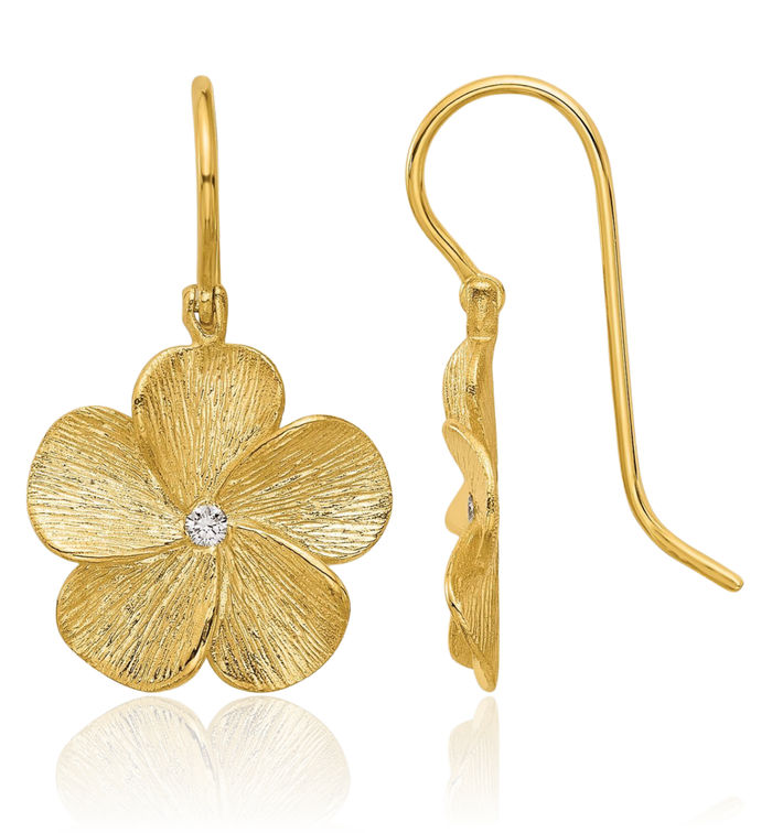 14K Solid Yellow Gold Diamond Flower Shephard Hook Drop Dangle Earrings