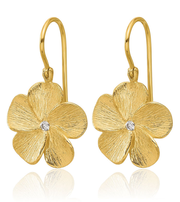 14K Solid Yellow Gold Diamond Flower Shephard Hook Drop Dangle Earrings