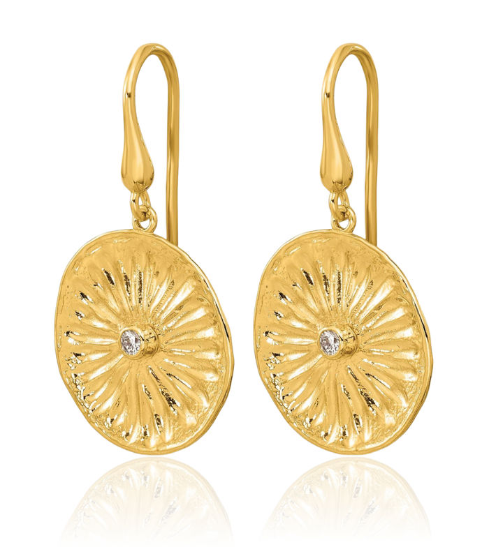 14K Solid Yellow Gold Diamond Flower Shephard Hook Drop Dangle Earrings