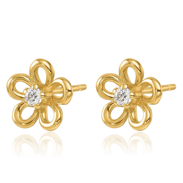 14K Solid Yellow Gold Diamond Flower Stud Earrings