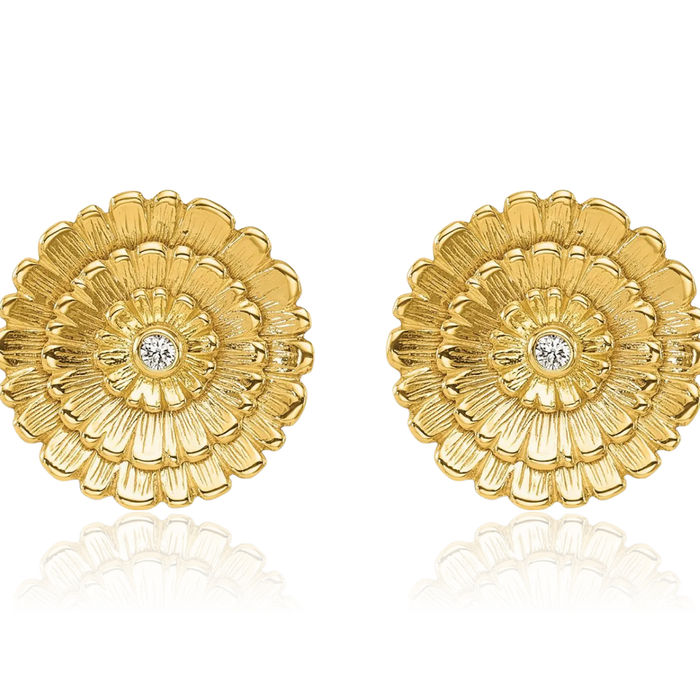 14K Solid Yellow Gold Diamond Flower Stud Earrings