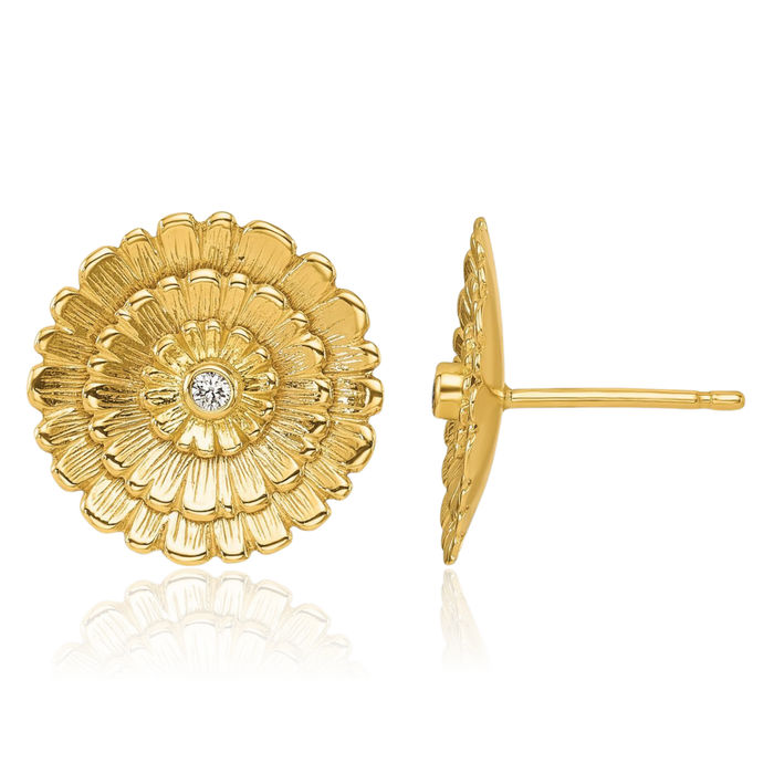 14K Solid Yellow Gold Diamond Flower Stud Earrings