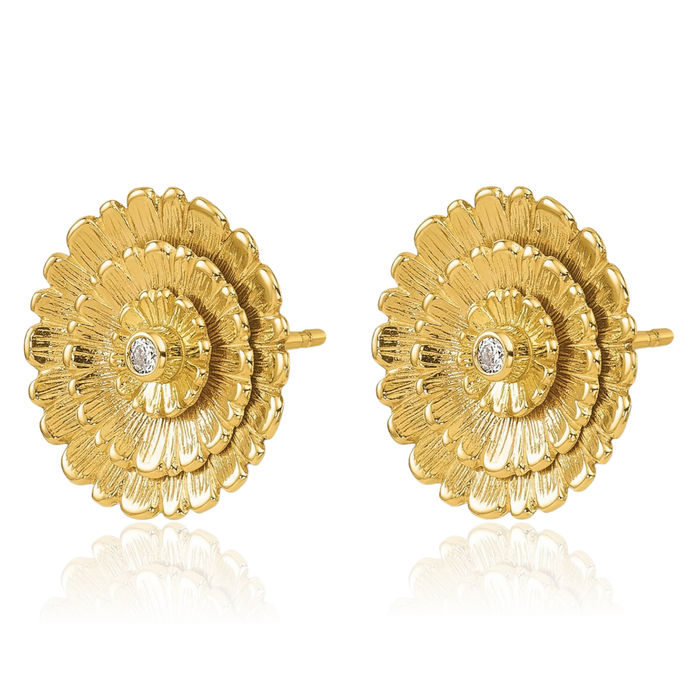 14K Solid Yellow Gold Diamond Flower Stud Earrings