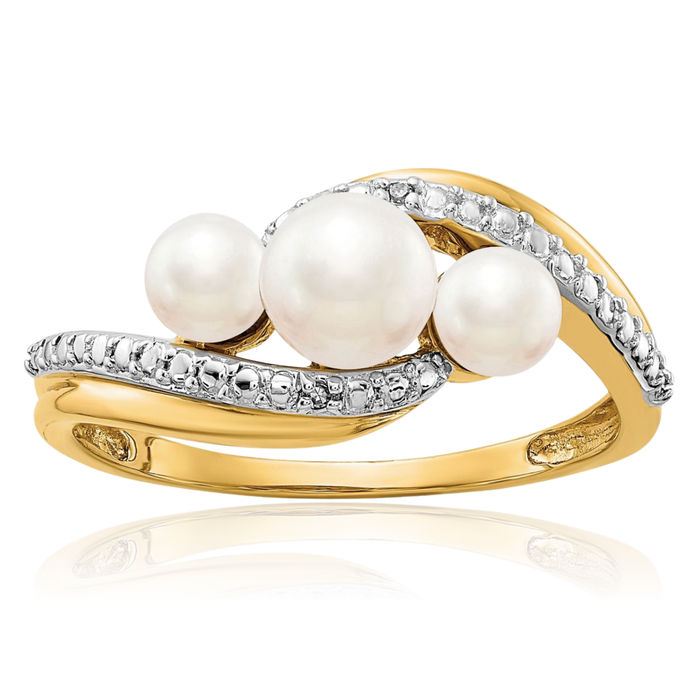 14K Solid Yellow Gold Diamond Freshwater Cultured 3 Pearl Bypass Ring