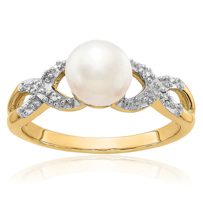 14K Solid Yellow Gold Diamond Freshwater Cultured Pearl Statement Ring