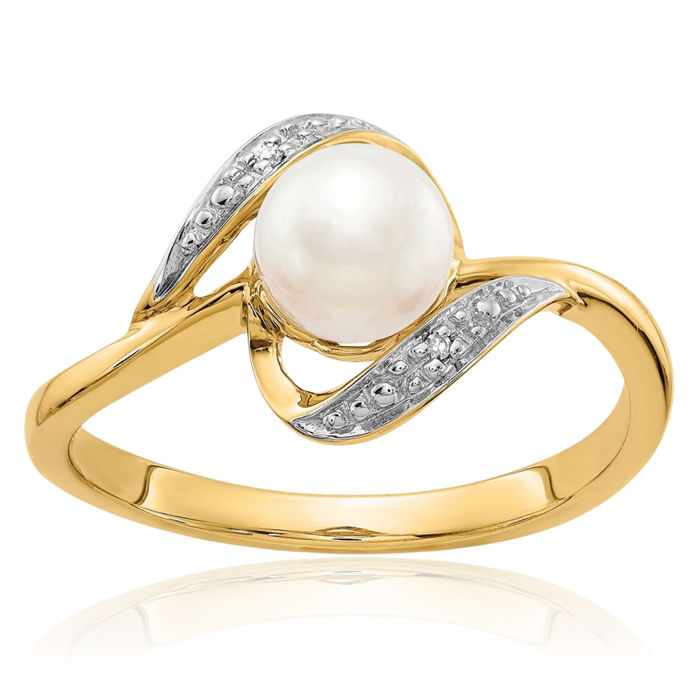 14K Solid Yellow Gold Diamond Freshwater Cultured Pearl Statement Ring