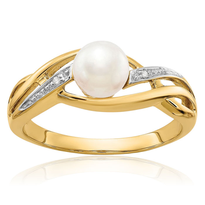 14K Solid Yellow Gold Diamond Freshwater Cultured Pearl Statement Ring