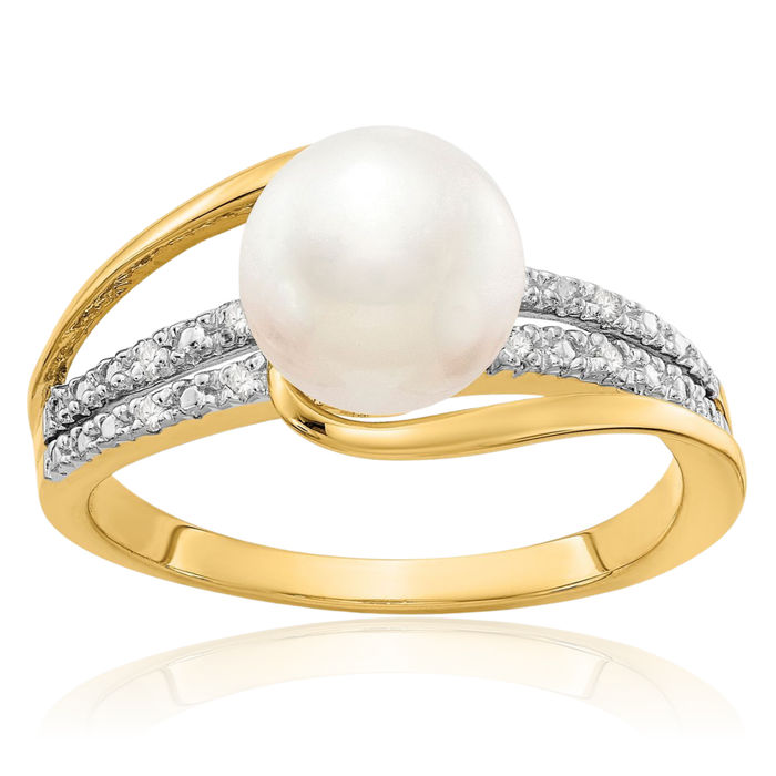 14K Solid Yellow Gold Diamond Freshwater Cultured Pearl Statement Ring