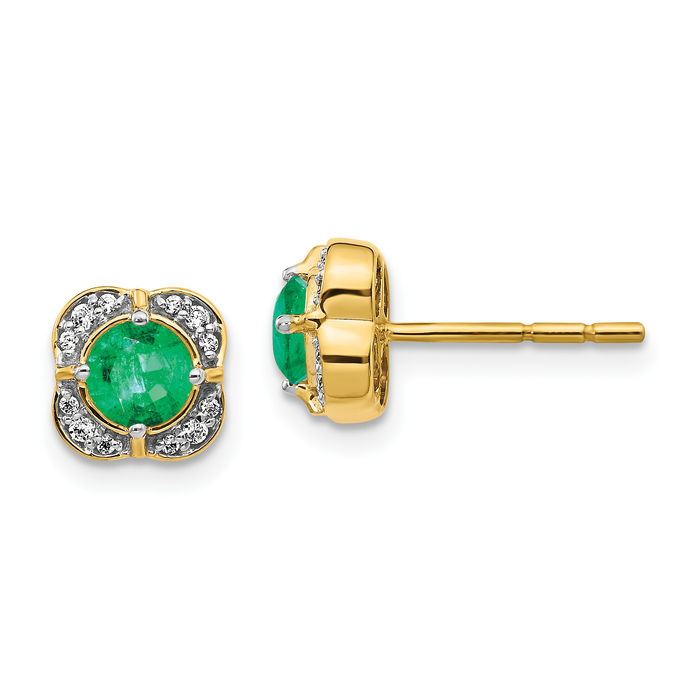 14K Solid Yellow Gold Diamond Green Emerald Stud Earrings Gemstone Post Push Back May Birthstone Jewelry