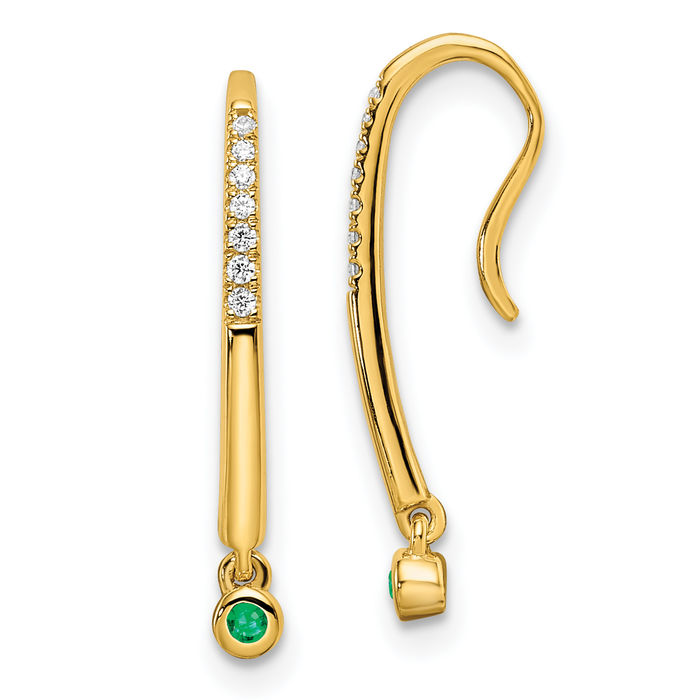 14K Solid Yellow Gold Diamond Green Emerald Wire Drop Dangle Earrings Gemstone Threader