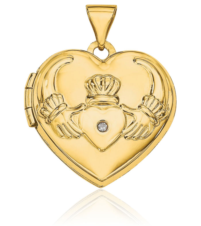 14K Solid Yellow Gold Diamond Heart Irish Claddagh Celtic Personalized Photo Locket Necklace Picture Pendant Charm Jewelry