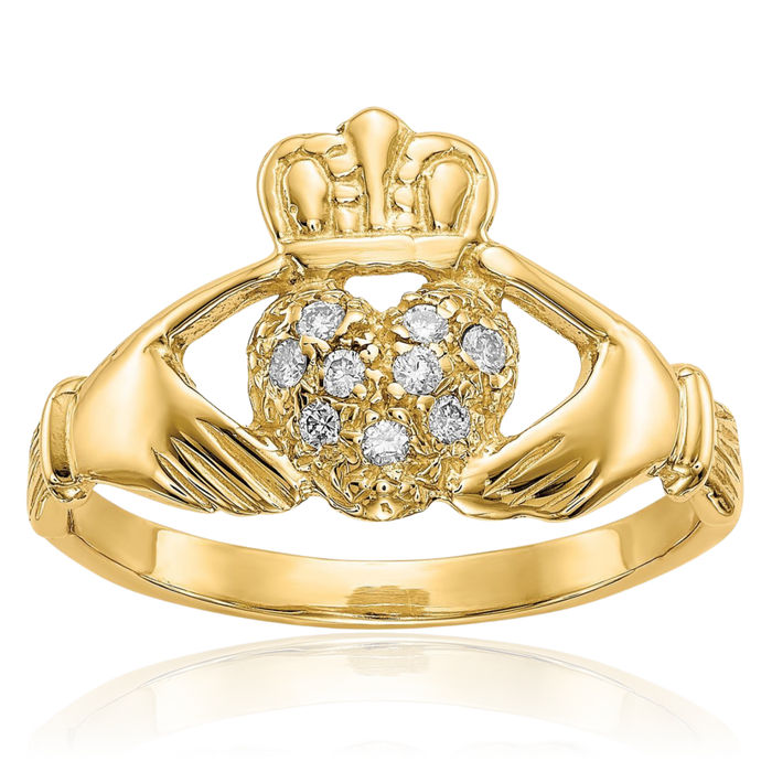 14K Solid Yellow Gold Diamond Heart Irish Claddagh Celtic Ring Jewelry