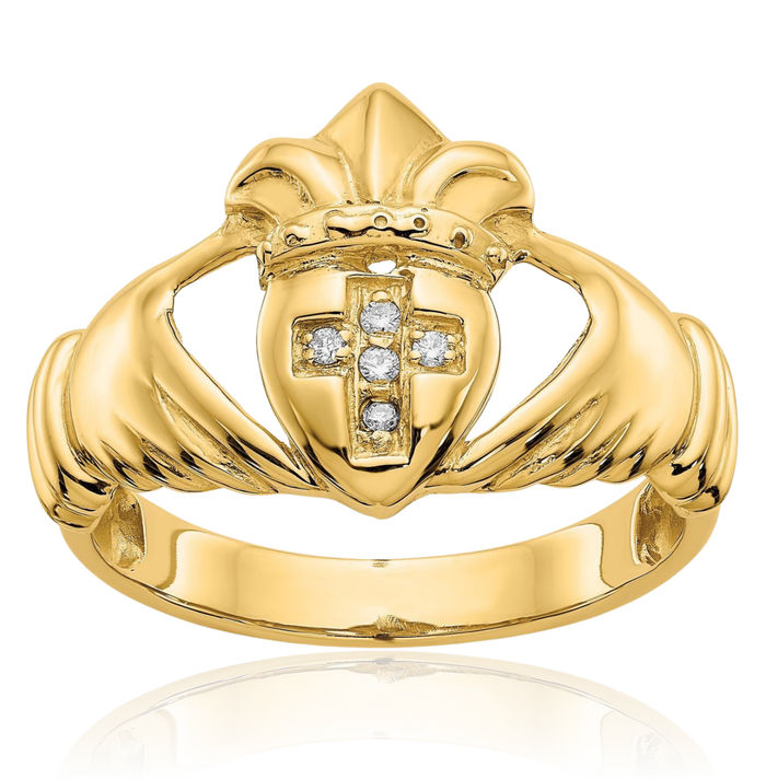 14K Solid Yellow Gold Diamond Heart Irish Claddagh Celtic Ring Chunky Dome Statement Band Jewelry Viking