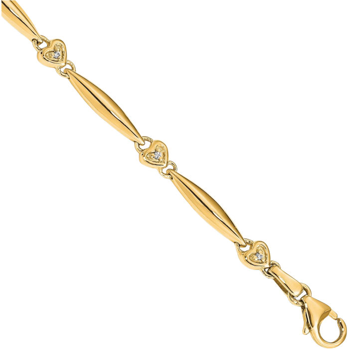 14K Solid Yellow Gold Diamond Heart Chain Tennis Charm Bracelet