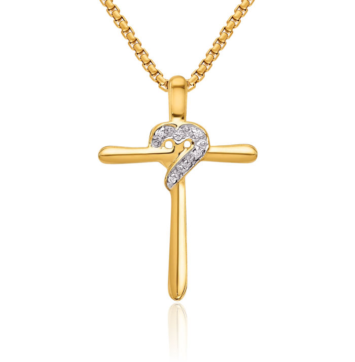 14K Solid Yellow Gold Diamond Heart Holy Cross Floating Chain Slide Pendant Necklace Religious Jesus Christ Charm