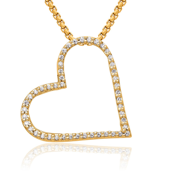 14K Solid Yellow Gold Diamond Heart Floating Chain Slide Pendant Necklace Charm