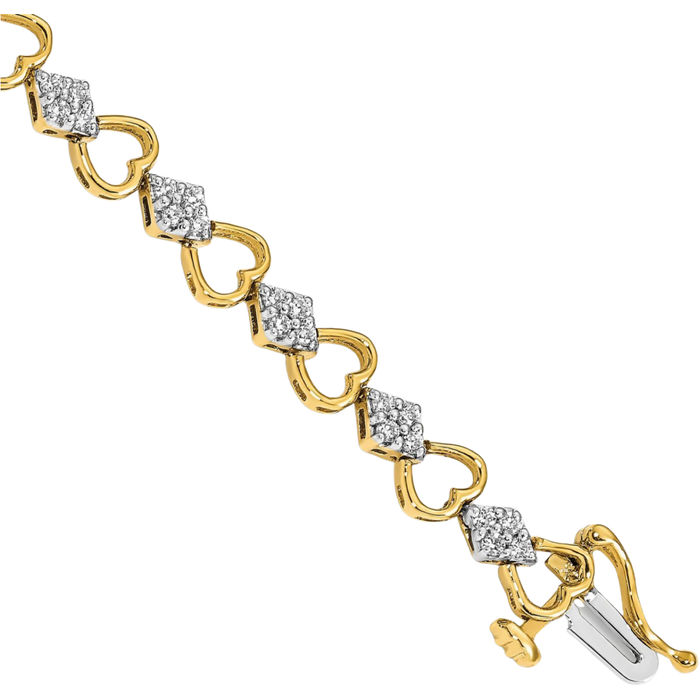 14K Solid Yellow Gold Diamond Heart Link Chain Charm Bracelet