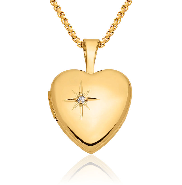 14K Solid Yellow Gold Diamond Heart Locket Necklace Chain Pendant Charm