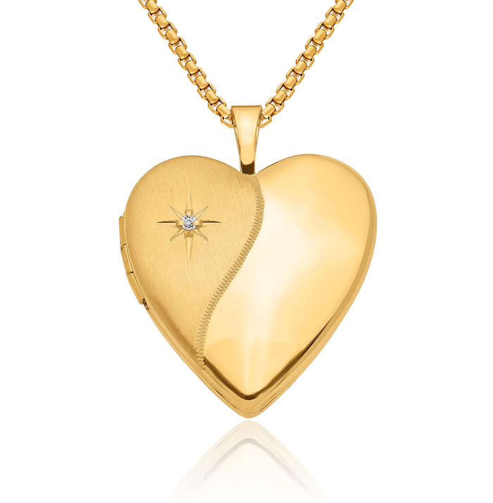 14K Solid Yellow Gold Diamond Heart Personalized Photo Locket Necklace Picture Pendant Charm