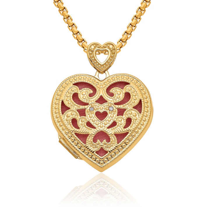 14K Solid Yellow Gold Diamond Vintage Heart Personalized Photo Locket Necklace Picture Pendant Charm