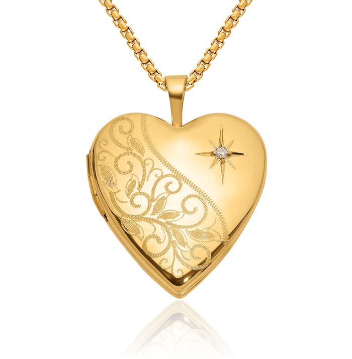 14K Solid Yellow Gold Diamond Heart Personalized Photo Locket Necklace Picture Pendant Charm