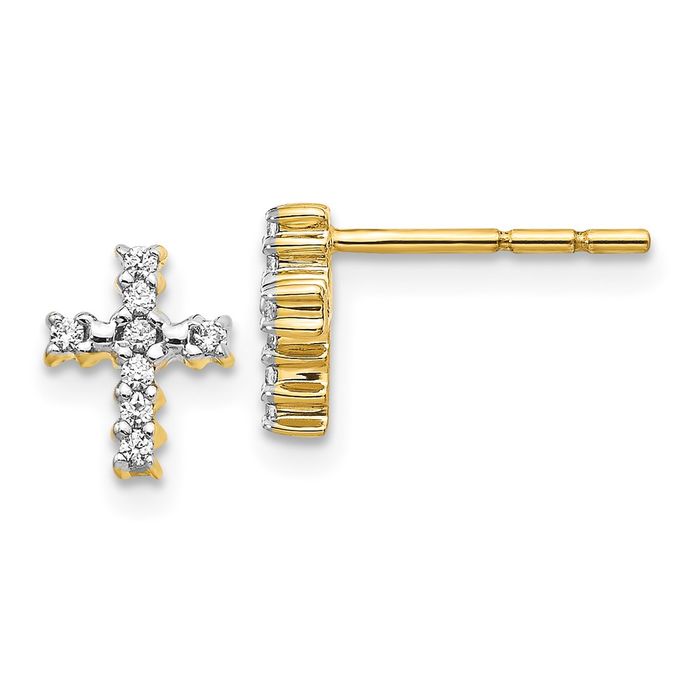 14K Solid Yellow Gold Diamond Holy Cross Drop Dangle Christian Religious Stud Earrings