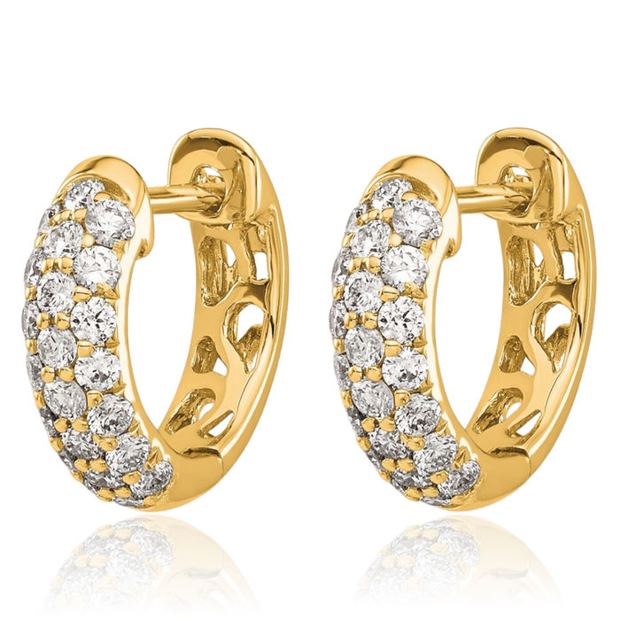 14K Solid Yellow Gold Diamond Huggie Hoop Earrings