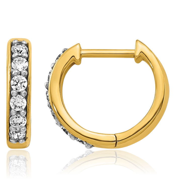 14K Solid Yellow Gold Diamond Huggie Small Hoop Earrings