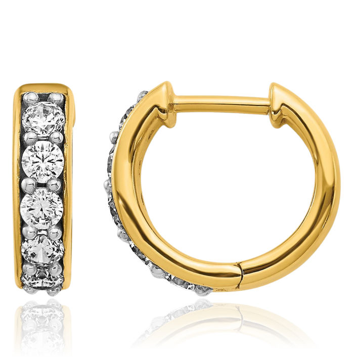 14K Solid Yellow Gold Diamond Huggie Small Hoop Earrings