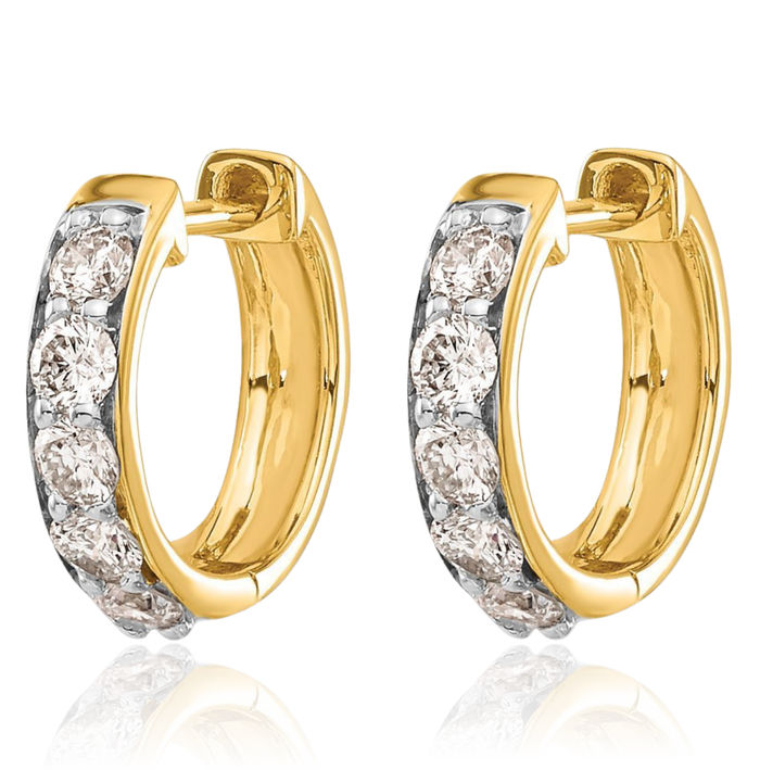 14K Solid Yellow Gold Diamond Huggie Small Hoop Earrings