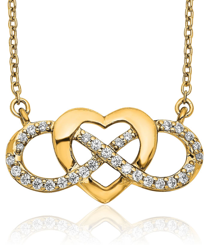 14K Solid Yellow Gold Diamond Infinity Twisted Love Knot Symbol Heart Necklace Pendant Friendship Charm Chain