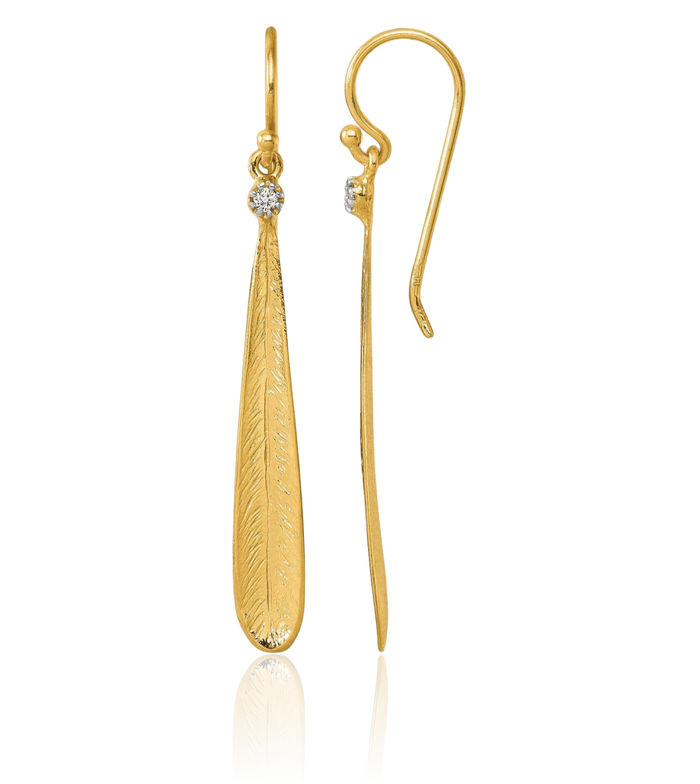 14K Solid Yellow Gold Diamond Leaf Shephard Hook Drop Dangle Earrings