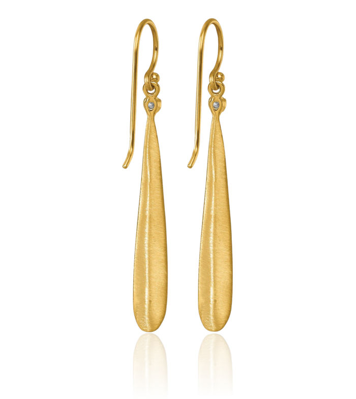 14K Solid Yellow Gold Diamond Leaf Shephard Hook Drop Dangle Earrings