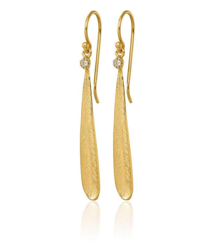 14K Solid Yellow Gold Diamond Leaf Shephard Hook Drop Dangle Earrings