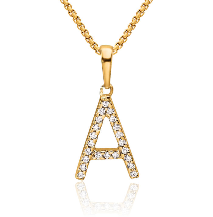 14K Solid Yellow Gold Diamond Dainty Letter A Initial Name Monogram Necklace Chain Pendant Charm